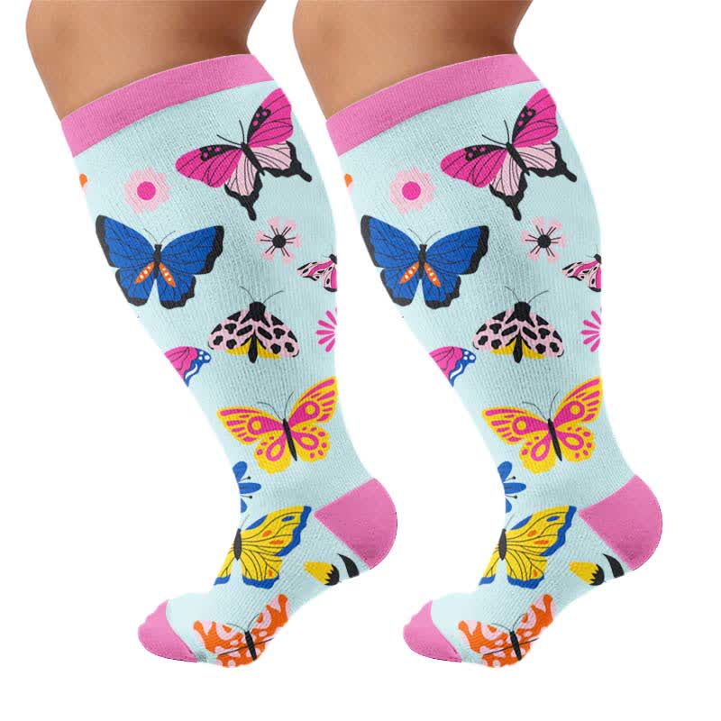 Plus Size Colorful Butterfly Print Compression Socks - Blue(1 Pair) - 4XL - image 5