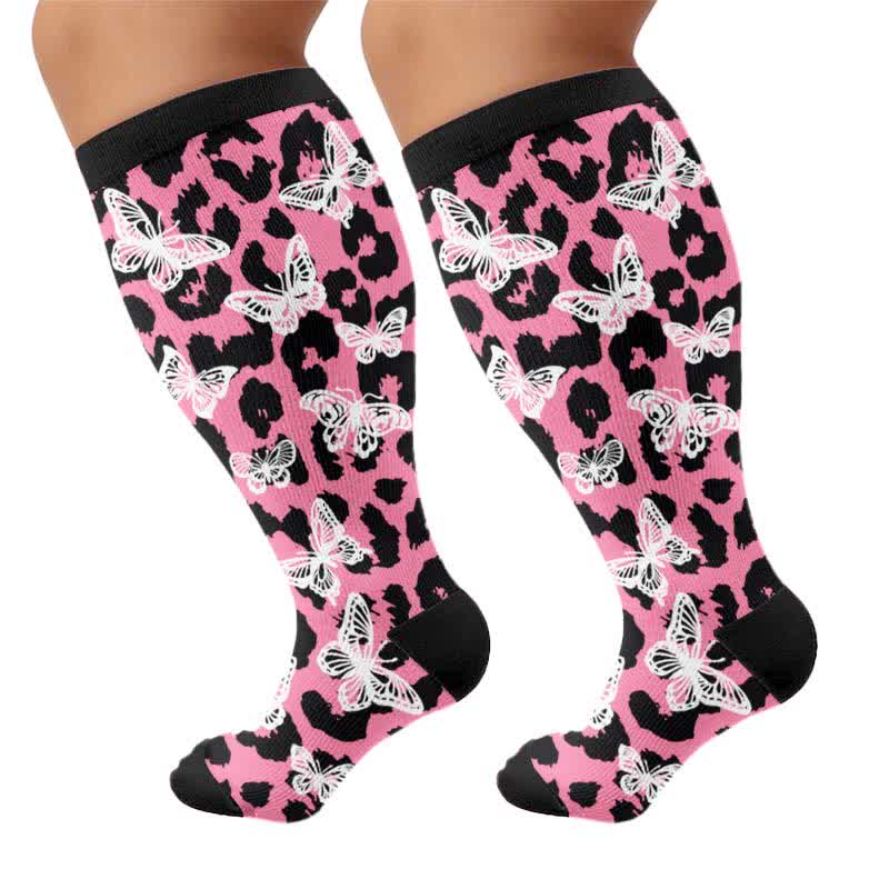 Plus Size Colorful Butterfly Print Compression Socks - Pink(1 Pair) - 4XL - image 6