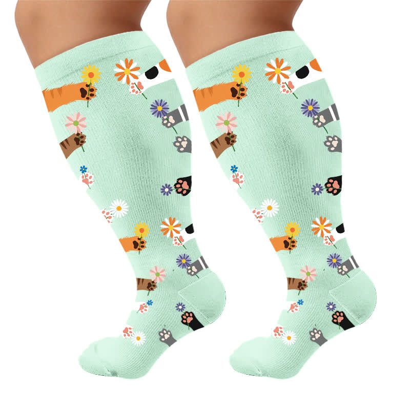 Plus Size Animal Paw Flowers Compression Socks - Green(1 Pair) - 4XL - image 7