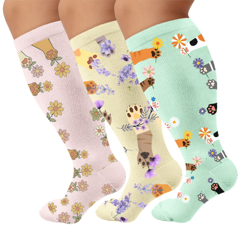 Plus Size Animal Paw Flowers Compression Socks - Multicolor(3 Pairs) - 4XL - image 1