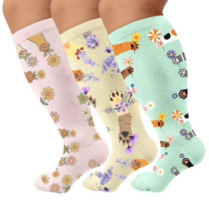 Plus Size Animal Paw Flowers Compression Socks - Multicolor(3 Pairs) - 4XL - image 1