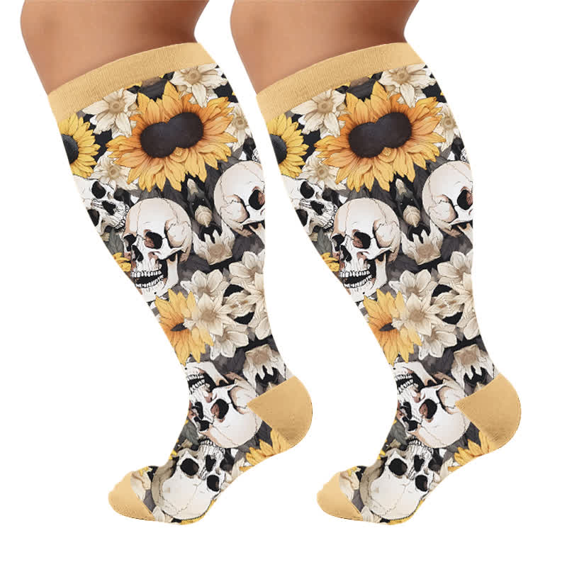 Plus Size Skull Sunflower Compression Socks - Apricot(1 Pair) - 4XL - image 7