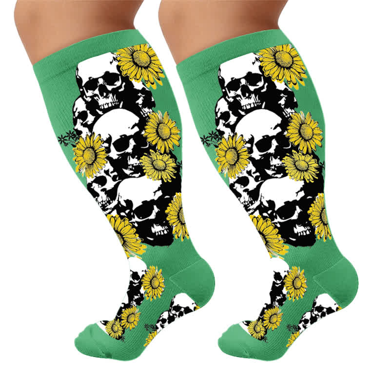 Plus Size Skull Sunflower Compression Socks - Green(1 Pair) - 4XL - image 5