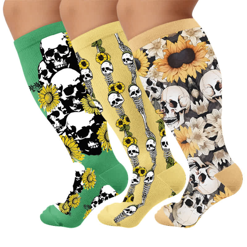 Plus Size Skull Sunflower Compression Socks - Multicolor(3 Pairs) - 4XL - image 1