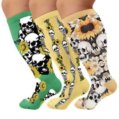 Plus Size Skull Sunflower Compression Socks - Multicolor(3 Pairs) - 4XL - image 1