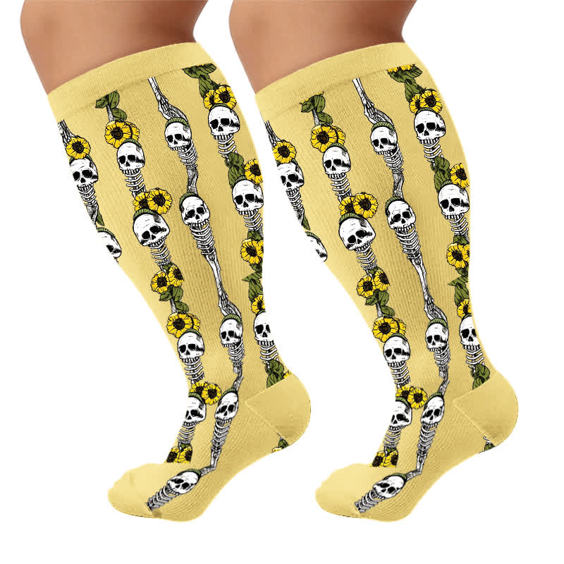 Plus Size Skull Sunflower Compression Socks - Yellow(1 Pair) - 4XL - image 6