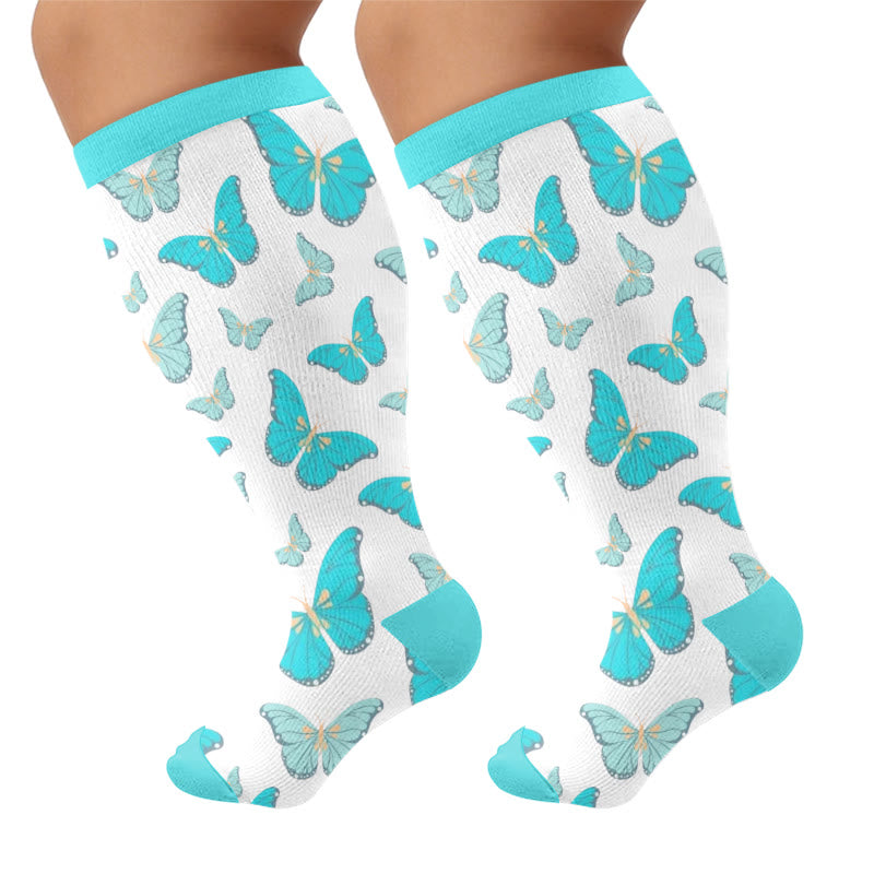 Plus Size Butterfly Print Compression Socks - Green(1 Pair) - 4XL - image 7