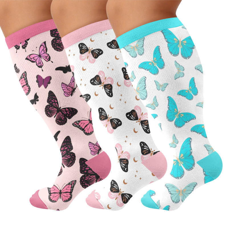 Plus Size Butterfly Print Compression Socks - Multicolor(3 Pairs) - 4XL - image 1
