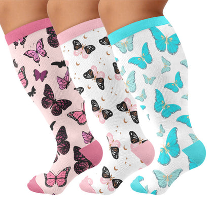 Plus Size Butterfly Print Compression Socks - Multicolor(3 Pairs) - 4XL - image 1