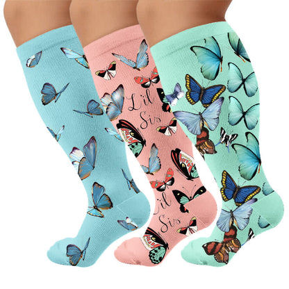 Plus Size Sweet Butterfly Compression Socks - Multicolor(3 Pairs) - 4XL - image 1