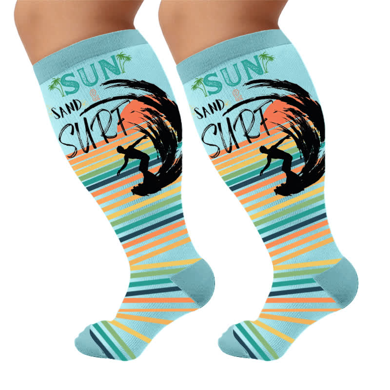 Plus Size Surf Stripe Compression Socks - Blue(1 Pair) - 4XL - image 5