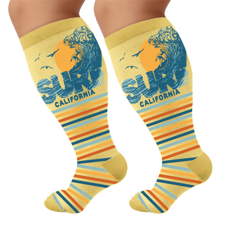 Plus Size Surf Stripe Compression Socks - Yellow(1 Pair) - 4XL - image 6