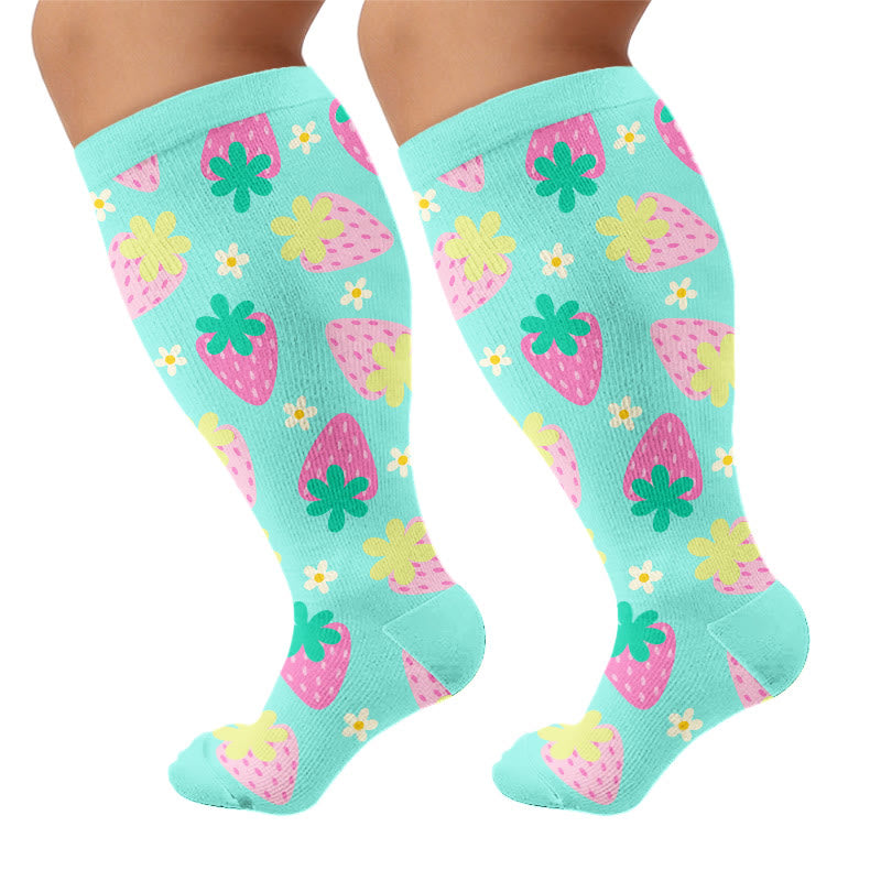 Plus Size Strawberry Cherry Compression Socks - Green(1 Pair) - 4XL - image 6