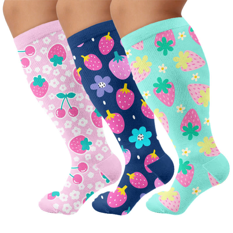Plus Size Strawberry Cherry Compression Socks - Multicolor(3 Pairs) - 4XL - image 1
