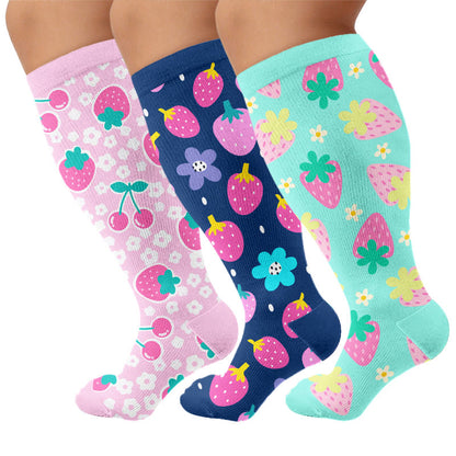 Plus Size Strawberry Cherry Compression Socks - Multicolor(3 Pairs) - 4XL - image 1