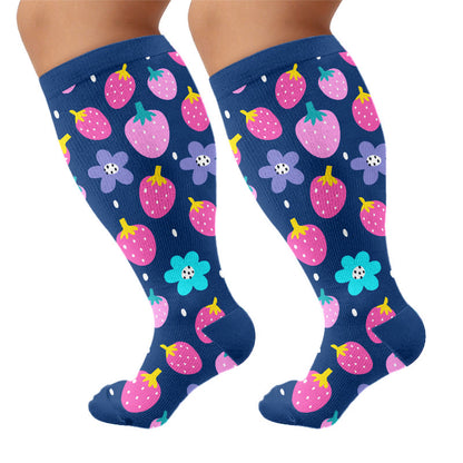 Plus Size Strawberry Cherry Compression Socks - Blue(1 Pair) - 4XL - image 5