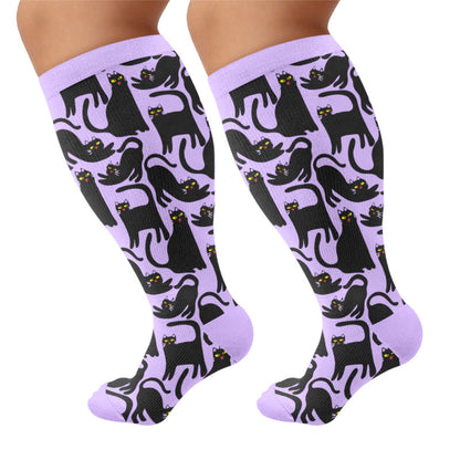 Plus Size Cute Cat Print Compression Socks - Purple(1 Pair) - 4XL - image 6