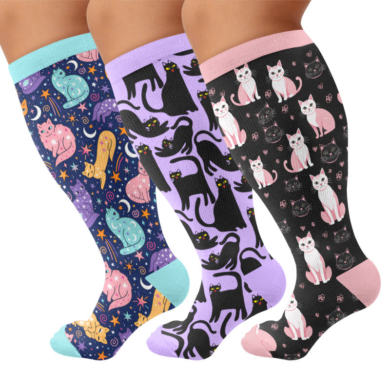Plus Size Cute Cat Print Compression Socks - Multicolor(3 Pairs) - 4XL - image 1