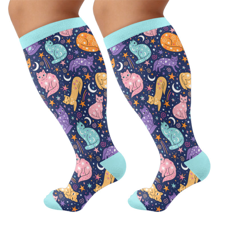 Plus Size Cute Cat Print Compression Socks - Blue(1 Pair) - 4XL - image 7