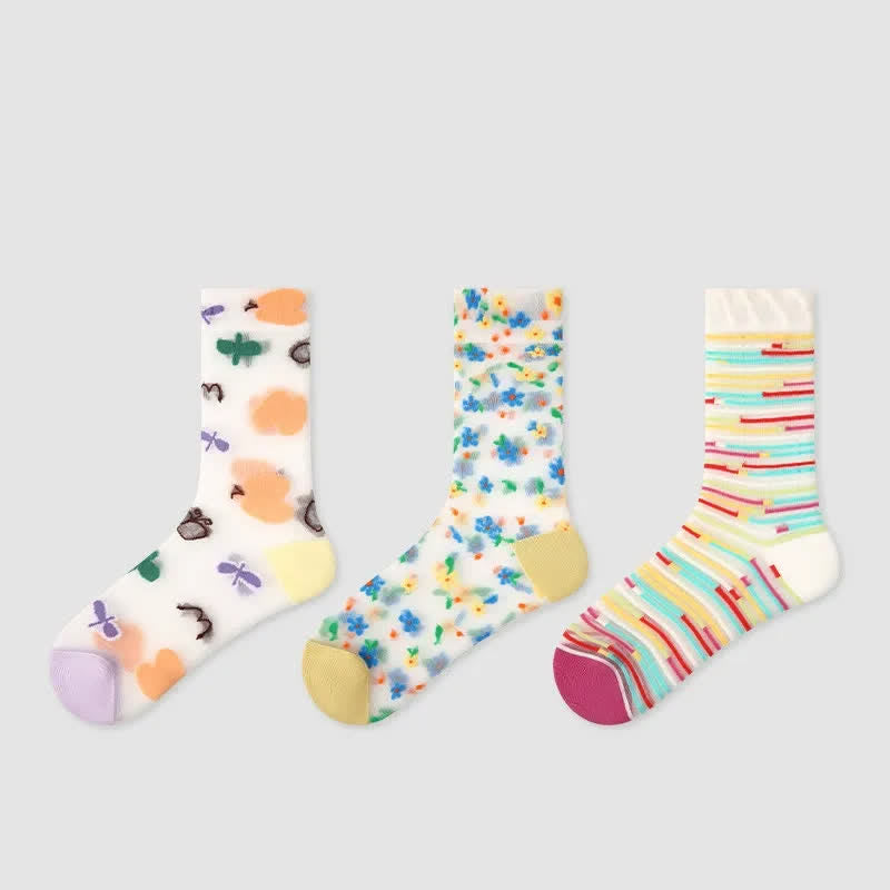 Playful Pattern Casual Sheer Quarter Socks(3 Pairs) - Multicolor - EU35-39(US2-6) - image 1