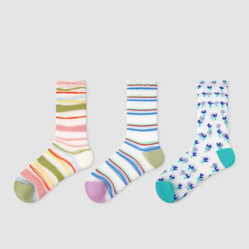 Colorblock Combed Striped Sheer Quarter Socks(3 Pairs) - Multicolor - EU35-39(US2-6) - image 1