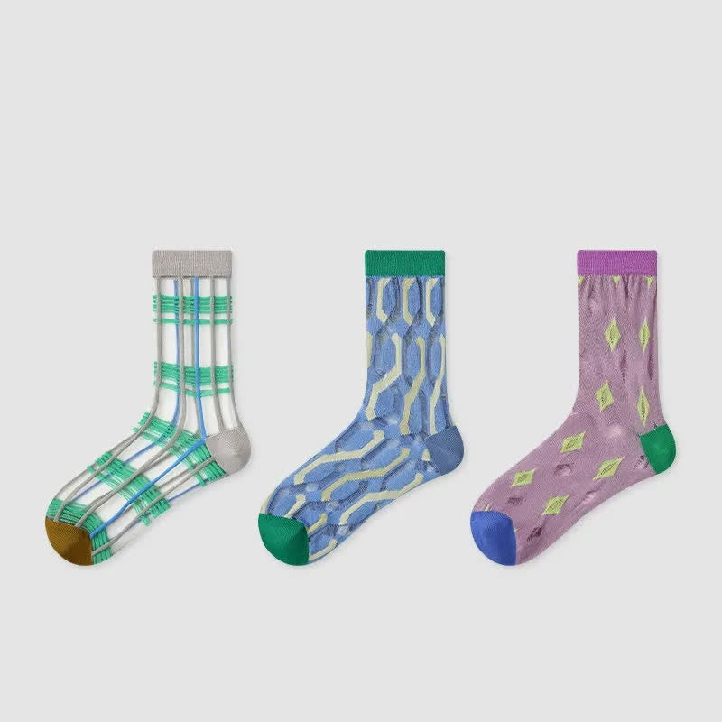 Diamond Colorblock Sheer Quarter Socks (3 Pairs) - Multicolor - EU35-39(US2-6) - image 1