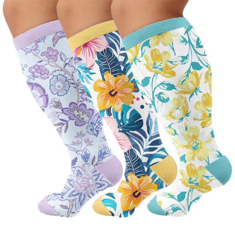 Plus Size Colorful Floral Compression Socks - Multicolor(3 Pairs) - 4XL - image 1