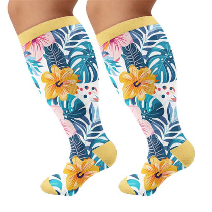 Plus Size Colorful Floral Compression Socks - Yellow(1 Pair) - 4XL - image 6