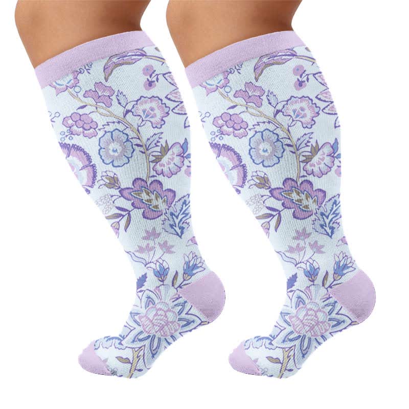 Plus Size Colorful Floral Compression Socks - Purple(1 Pair) - 4XL - image 5