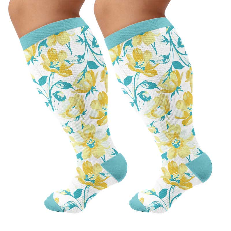 Plus Size Colorful Floral Compression Socks - Green(1 Pair) - 4XL - image 7