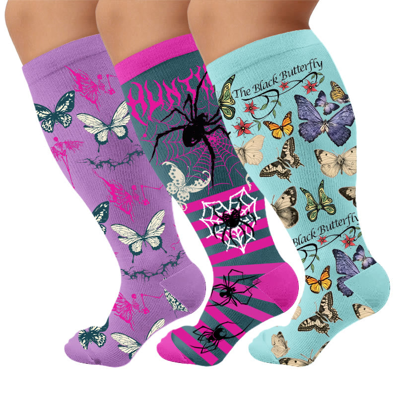 Plus Size Butterfly Spider Compression Socks - Multicolor(3 Pairs) - 4XL - image 1