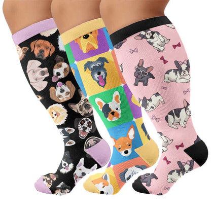 Plus Size Cute Dog Print Compression Socks - Multicolor(3 Pairs) - 4XL - image 1