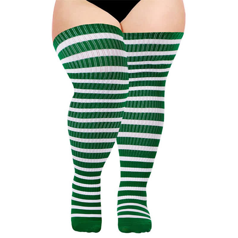 Striped Daily Wear Thigh High Compression Socks - Dark Green - One Size - With Elastic Buckle - image 6