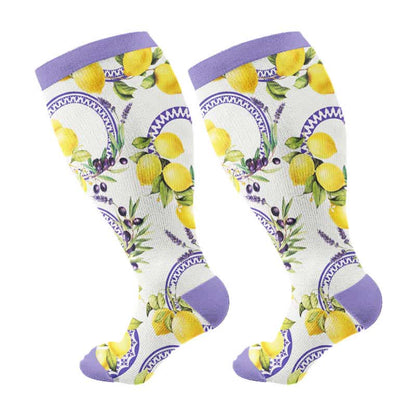 Plus Size Lemon Garden Compression Socks - Blue(1 Pair) - 4XL - image 5