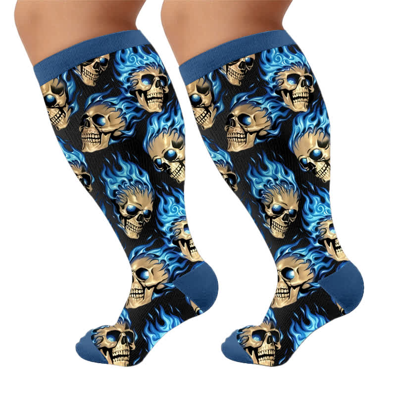Plus Size Gothic Skull Flame Compression Socks - Blue(1 Pair) - 4XL - image 7