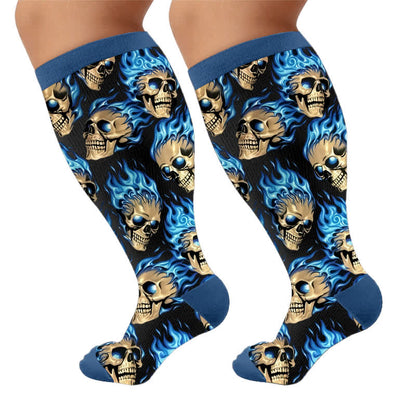 Plus Size Gothic Skull Flame Compression Socks - Blue(1 Pair) - 4XL - image 7