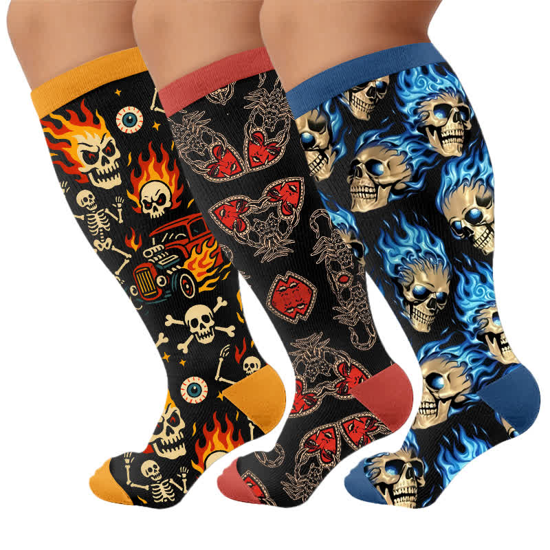 Plus Size Gothic Skull Flame Compression Socks - Multicolor(3 Pairs) - 4XL - image 1