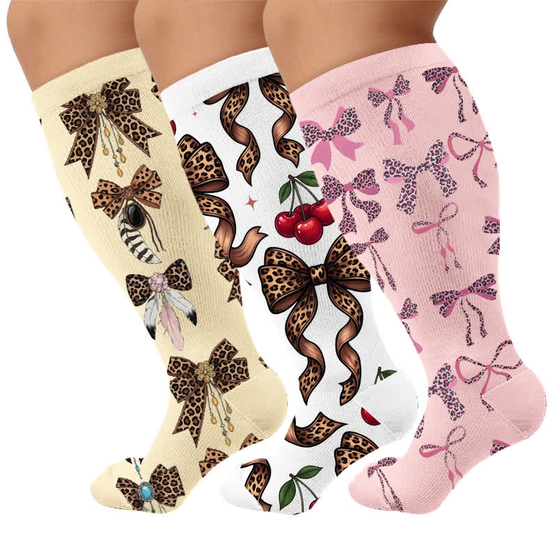 Plus Size Retro Leopard Bow Compression Socks - Multicolor(3 Pairs) - 4XL - image 1