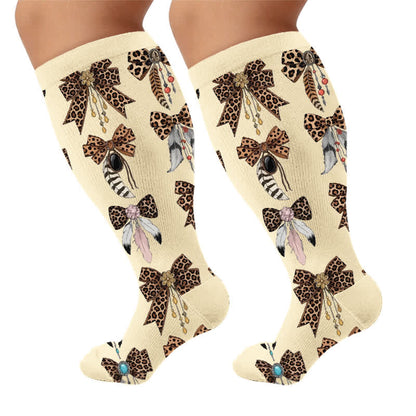 Plus Size Retro Leopard Bow Compression Socks - Apricot(1 Pair) - 4XL - image 5