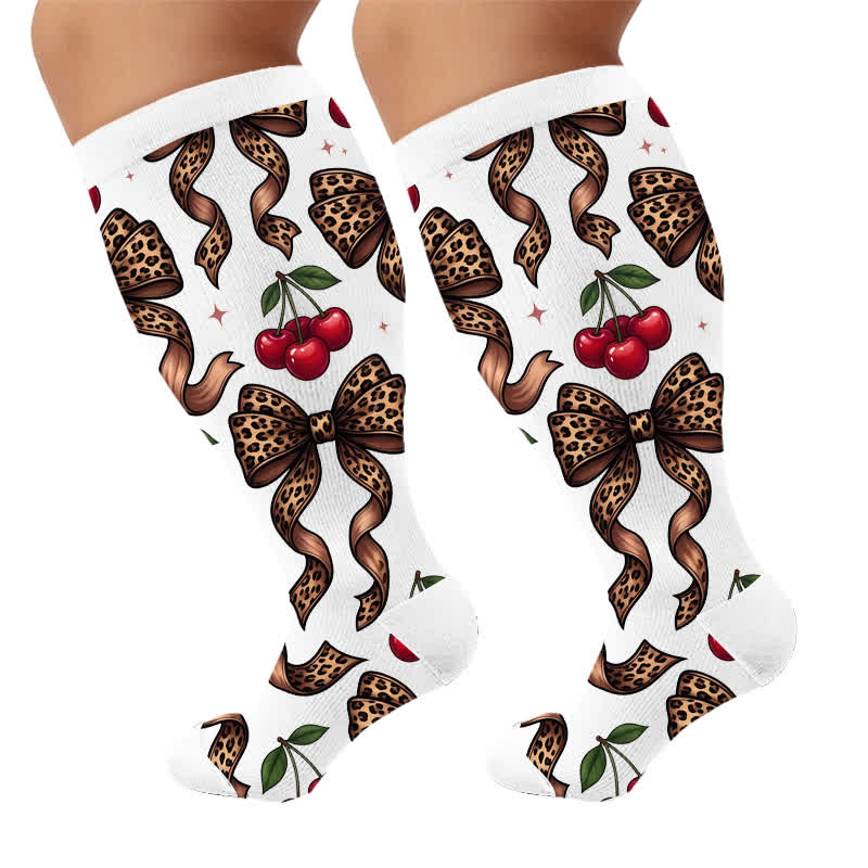 Plus Size Retro Leopard Bow Compression Socks - White(1 Pair) - 4XL - image 6