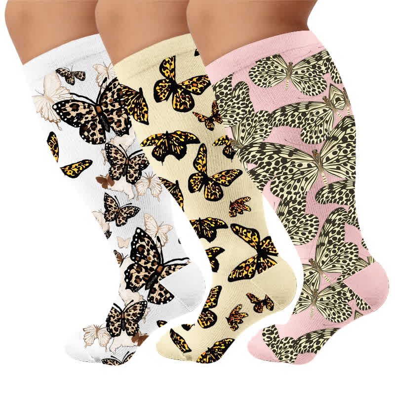 Plus Size Butterfly Leopard Compression Socks - Multicolor(3 Pairs) - 4XL - image 1