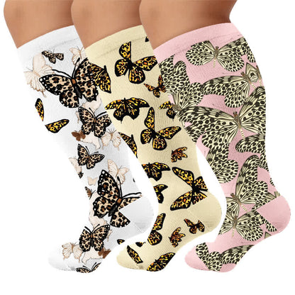 Plus Size Butterfly Leopard Compression Socks - Multicolor(3 Pairs) - 4XL - image 1