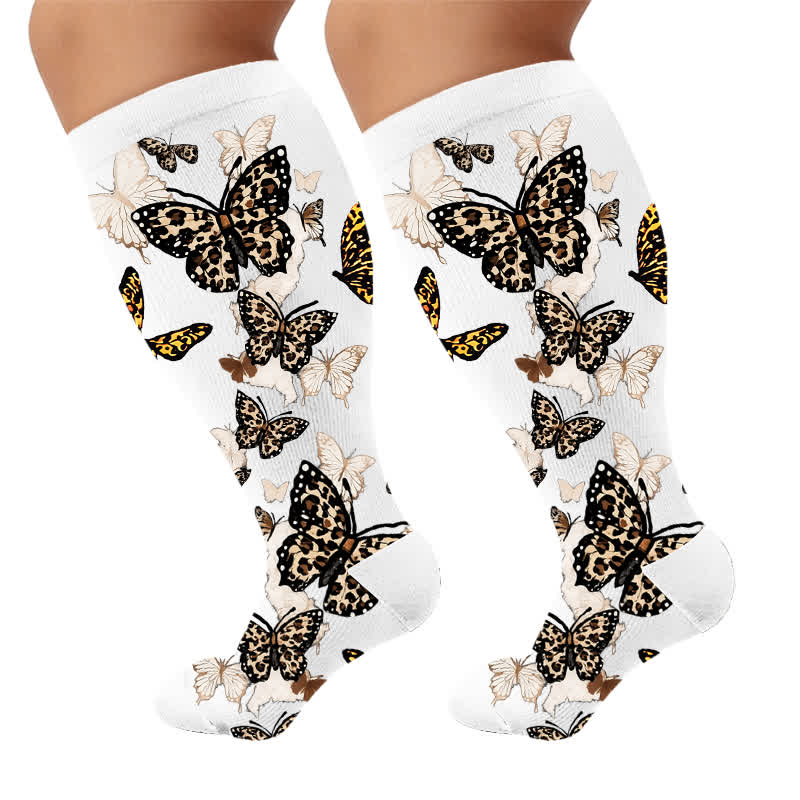 Plus Size Butterfly Leopard Compression Socks - White(1 Pair) - 4XL - image 5