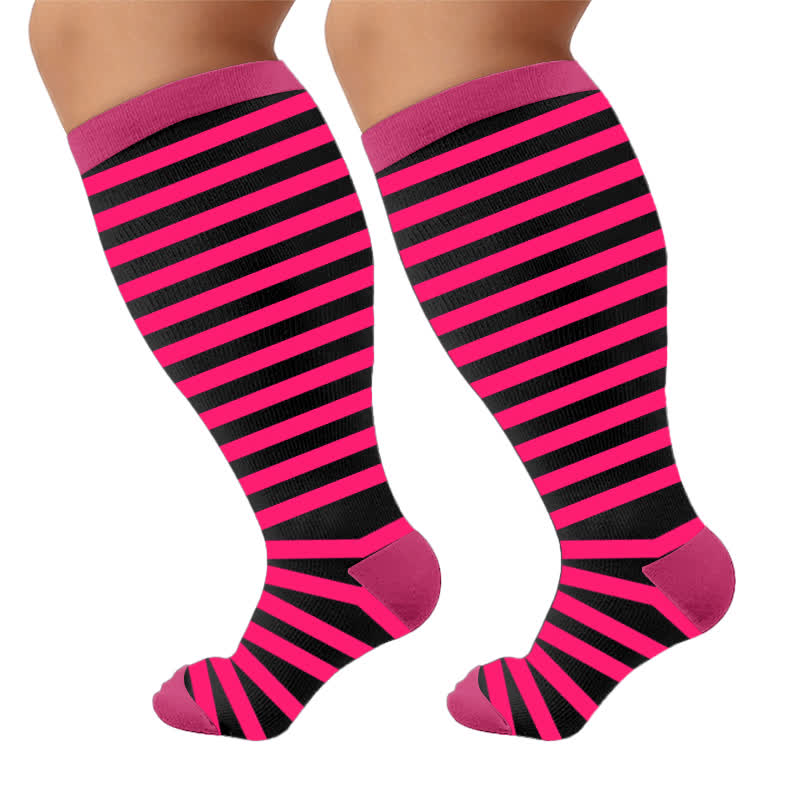 Plus Size Contrast Stripes Compression Socks - Pink(1 Pair) - 4XL - image 7