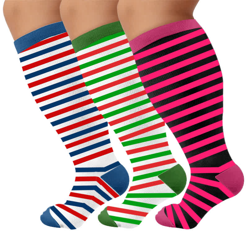 Plus Size Contrast Stripes Compression Socks - Multicolor(3 Pairs) - 4XL - image 1