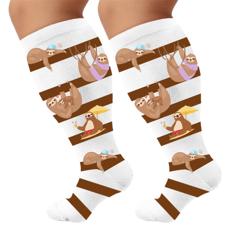 Plus Size Sloth Squirrel Stripes Compression Socks - White(1 Pair) - 4XL - image 6