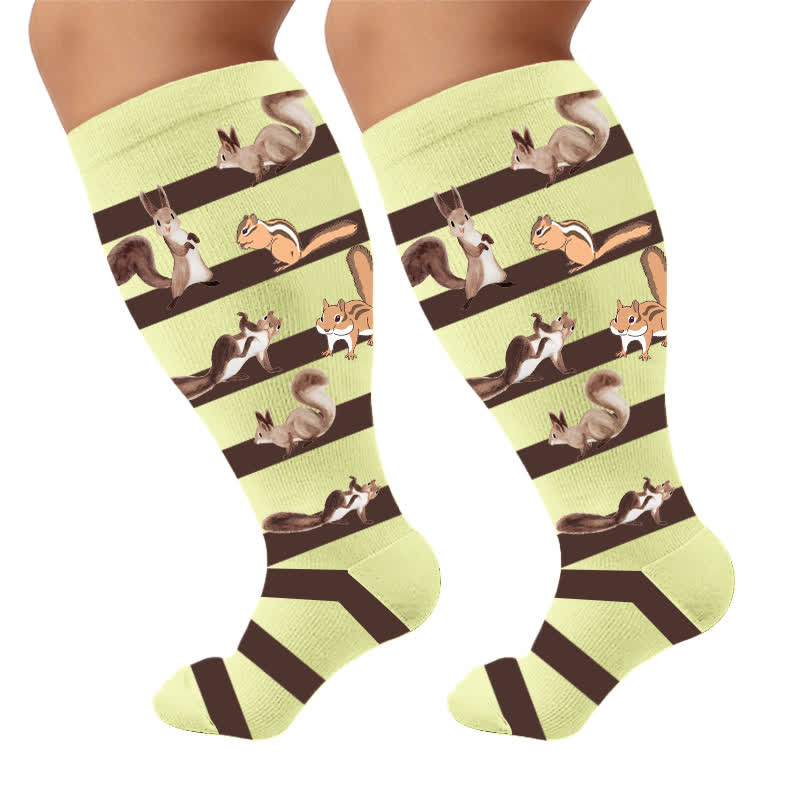 Plus Size Sloth Squirrel Stripes Compression Socks - Yellow(1 Pair) - 4XL - image 5