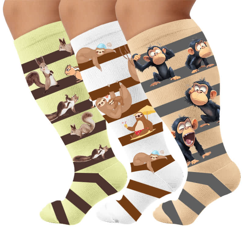 Plus Size Sloth Squirrel Stripes Compression Socks - Multicolor(3 Pairs) - 4XL - image 1