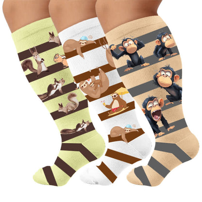 Plus Size Sloth Squirrel Stripes Compression Socks - Multicolor(3 Pairs) - 4XL - image 1