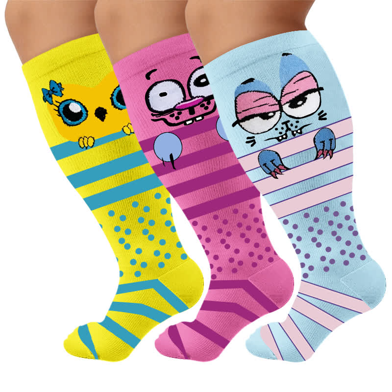 Plus Size Cartoon Animal Stripes Compression Socks - Multicolor(3 Pairs) - 4XL - image 1